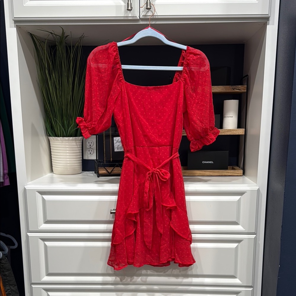 Miami ( Francesca’s) SZ  S Red Mini Sundress w/ Puff Sleeves and Square Neckline